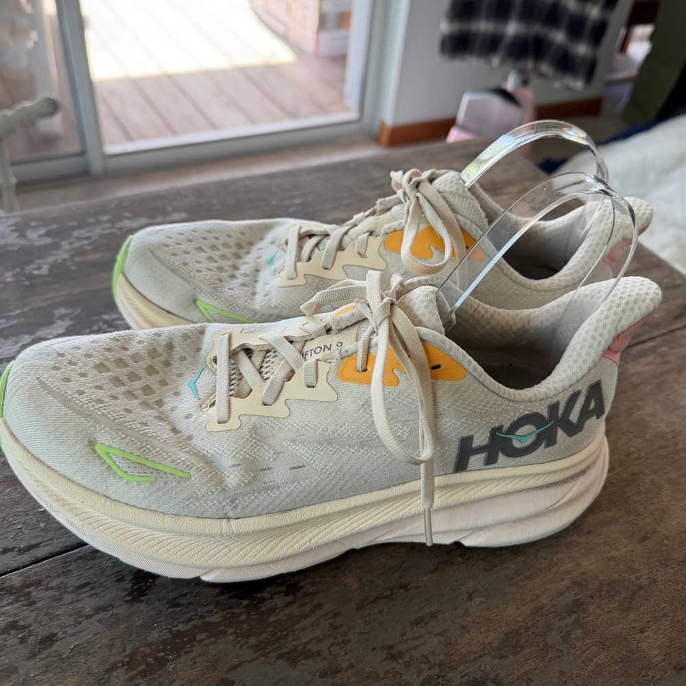 HOKA Womens Mesh White Sandstone Lime Clifton 9 Running Shoes Size 11B